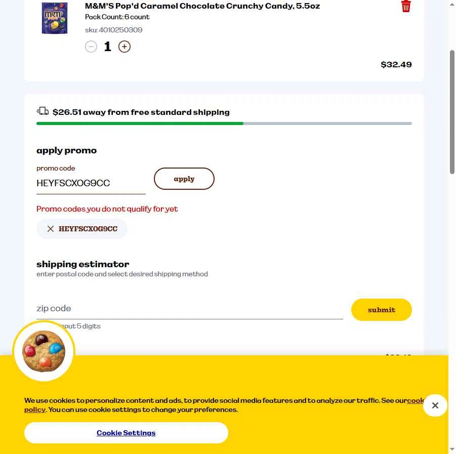 M&M's checkout page showing M&M's promo code box | Screenshot taken by SimplyCodes community member on Dec 17, 2025