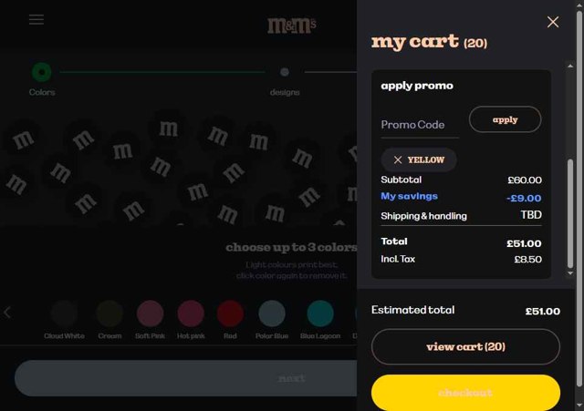 M&M's checkout page showing M&M's promo code box | Screenshot taken by SimplyCodes community member on Aug 21, 2025