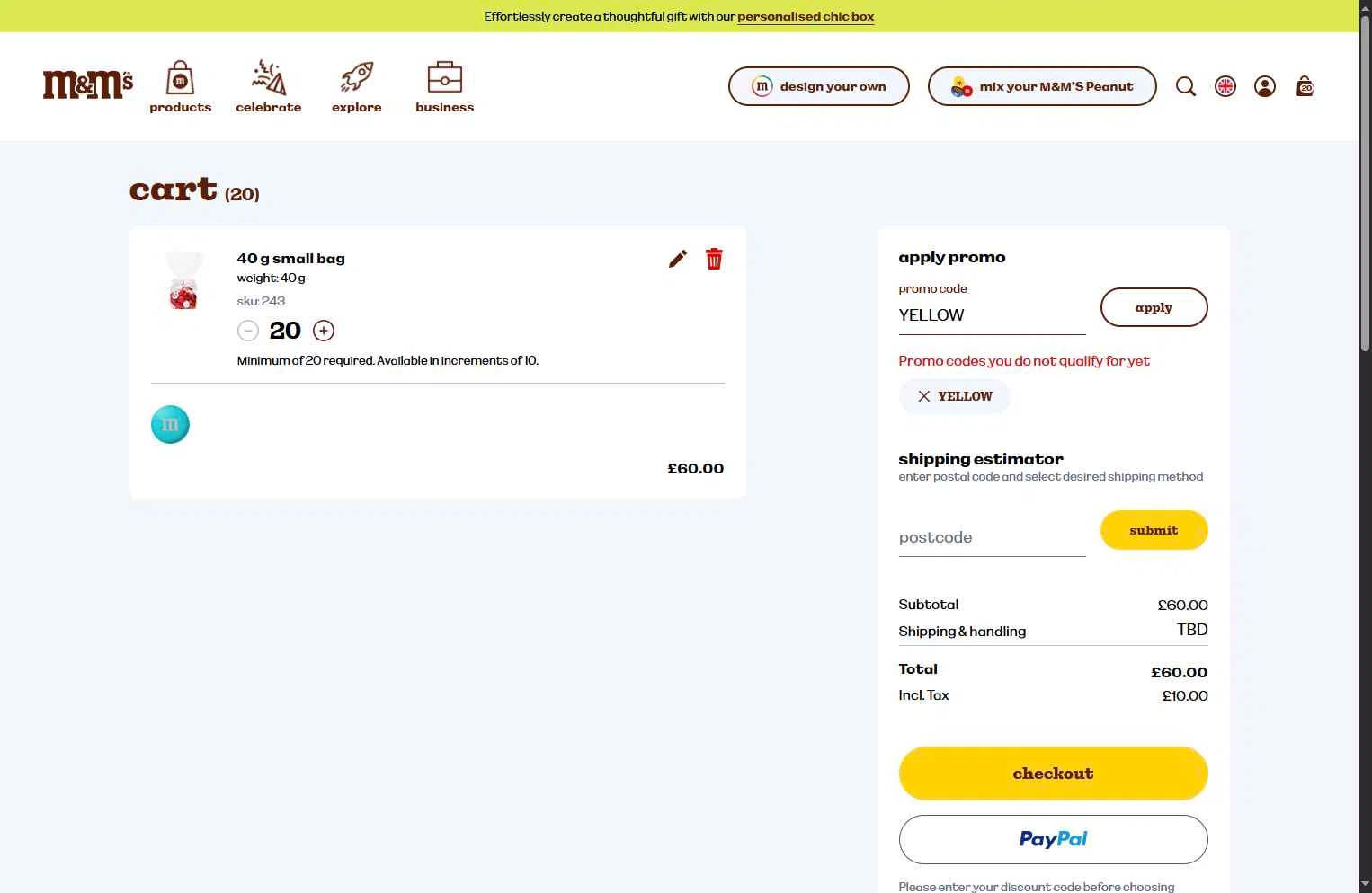 M&M's checkout page showing M&M's promo code box | Screenshot taken by SimplyCodes community member on Dec 28, 2025