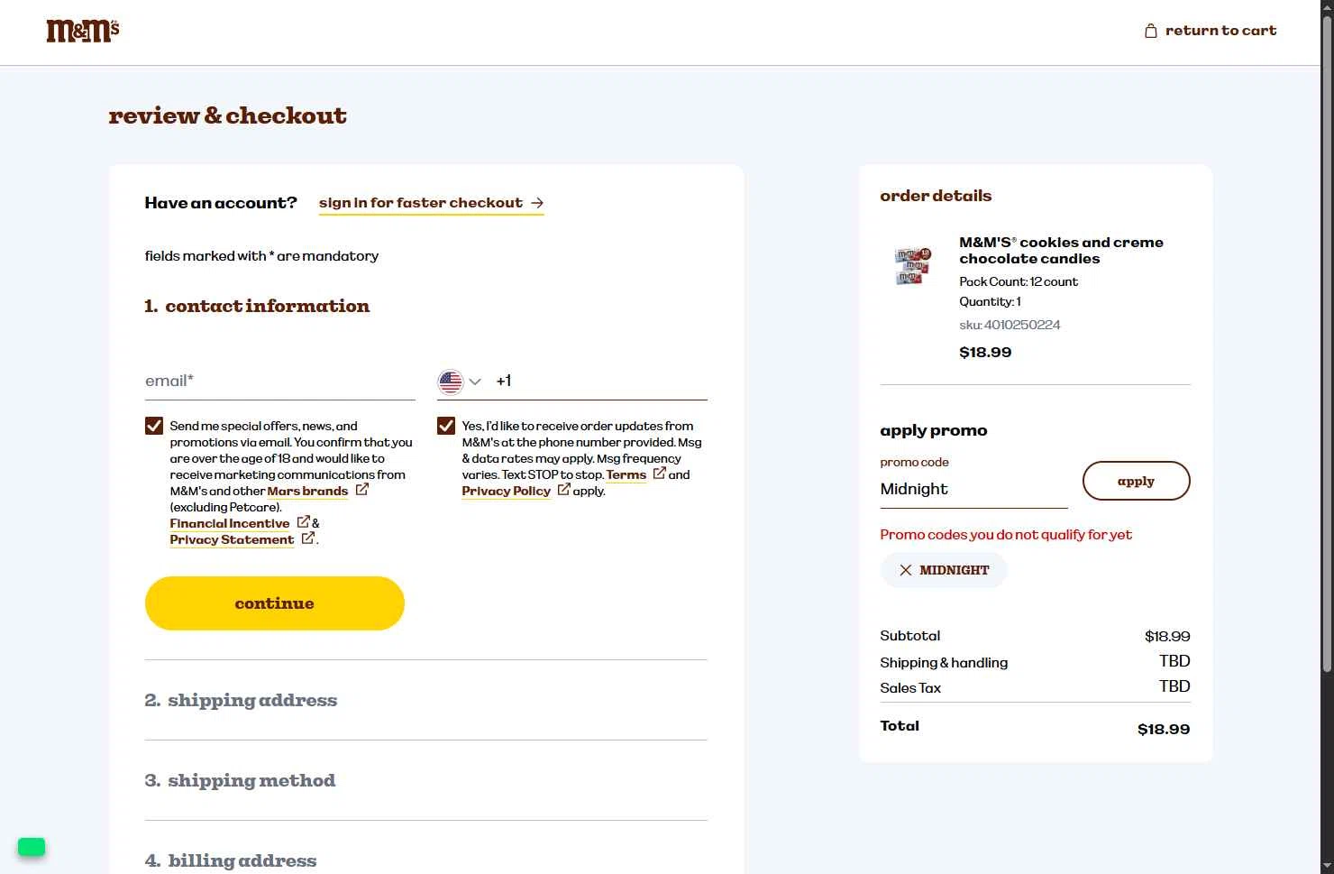 M&M's checkout page showing M&M's promo code box | Screenshot taken by SimplyCodes community member on Dec 30, 2025