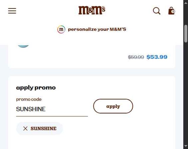 M&M's checkout page showing M&M's promo code box | Screenshot taken by SimplyCodes community member on Sep 2, 2025