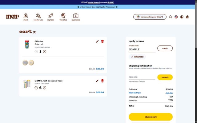 M&M's checkout page showing M&M's promo code box | Screenshot taken by SimplyCodes community member on Aug 28, 2025