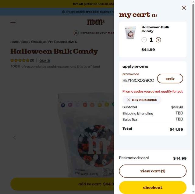 M&M's checkout page showing M&M's promo code box | Screenshot taken by SimplyCodes community member on Sep 8, 2025