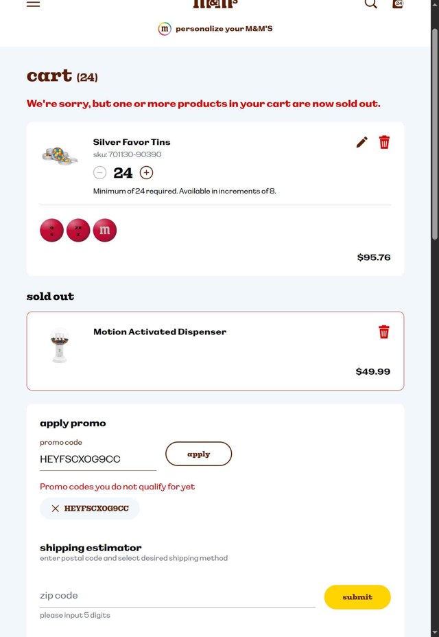 M&M's checkout page showing M&M's promo code box | Screenshot taken by SimplyCodes community member on Sep 7, 2025