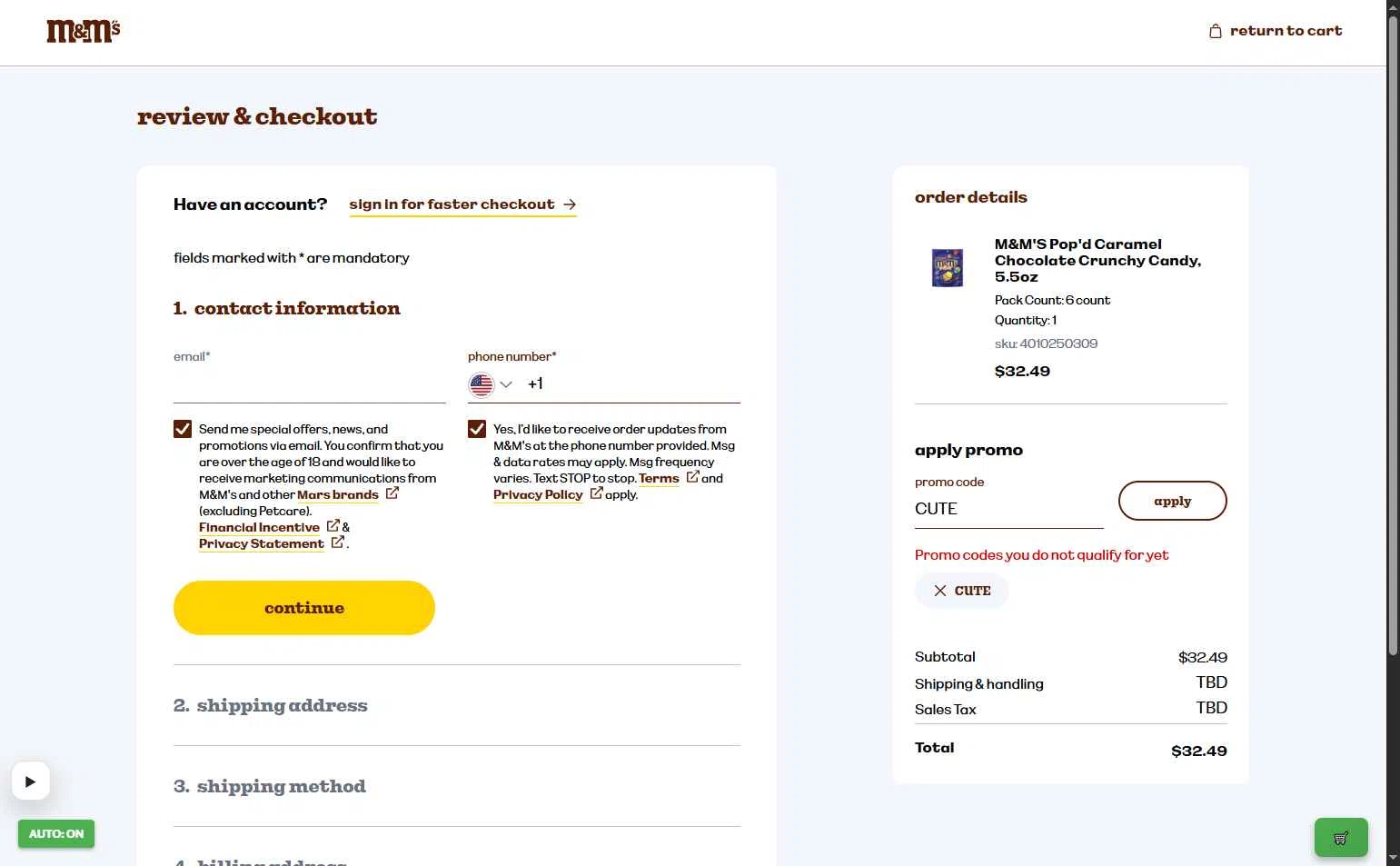 M&M's checkout page showing M&M's promo code box | Screenshot taken by SimplyCodes community member on Feb 1, 2026