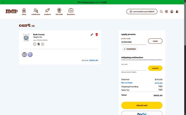 M&M's checkout page showing M&M's promo code box | Screenshot taken by SimplyCodes community member on Aug 11, 2025