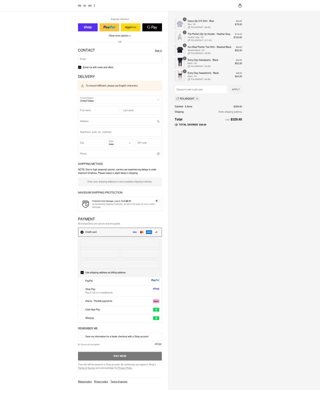 MNML checkout page showing MNML discount code box | Screenshot taken by SimplyCodes community member on Sep 13, 2025