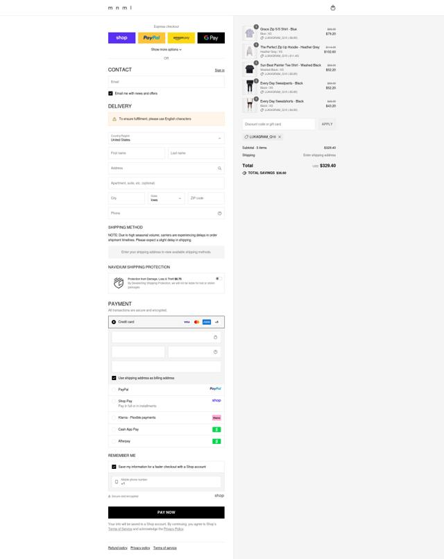 MNML checkout page showing MNML discount code box | Screenshot taken by SimplyCodes community member on Sep 13, 2025