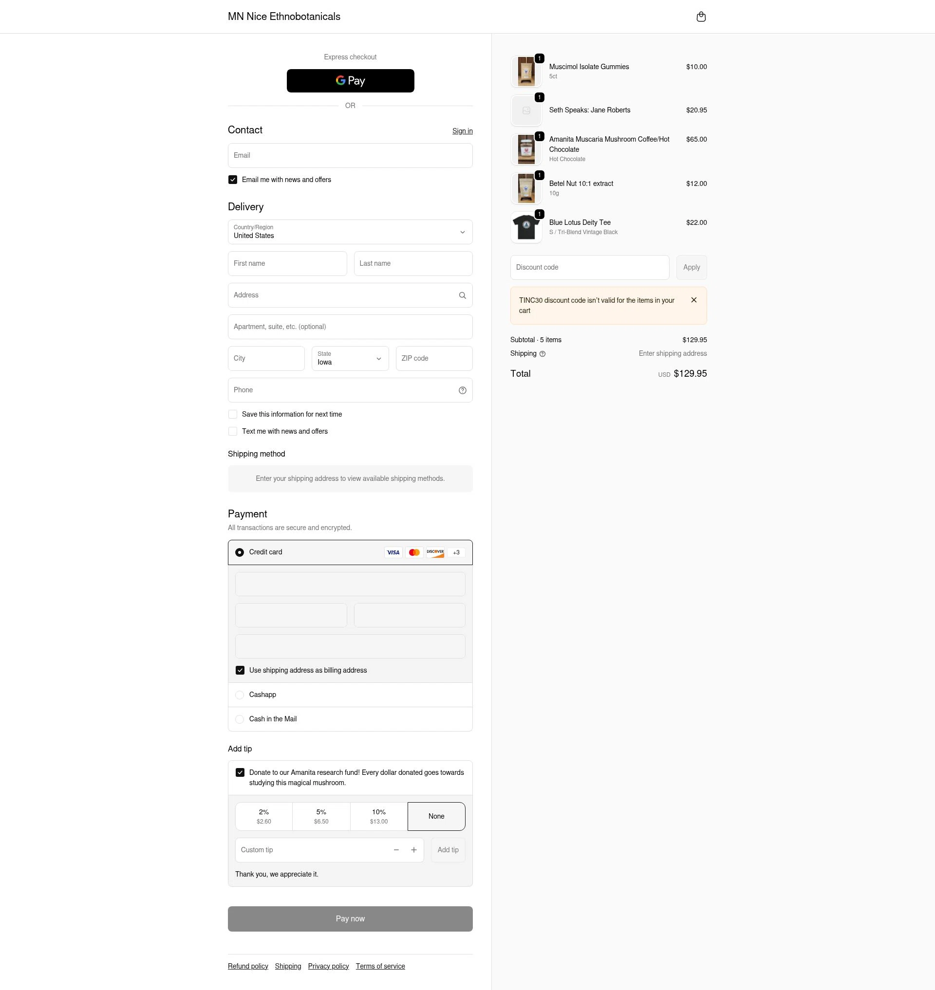 MN Nice Ethnobotanicals checkout page showing MN Nice Ethnobotanicals discount code box | Screenshot taken by SimplyCodes community member on Feb 10, 2026