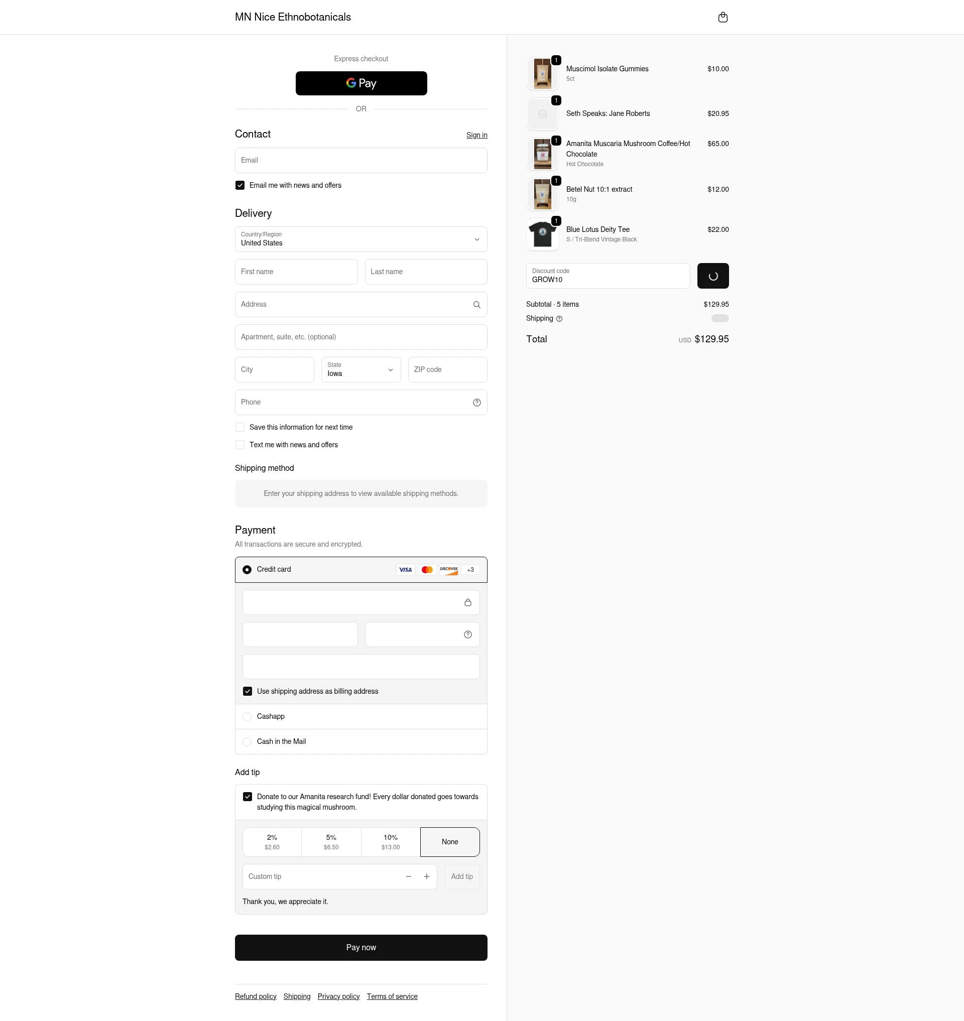 MN Nice Ethnobotanicals checkout page showing MN Nice Ethnobotanicals discount code box | Screenshot taken by SimplyCodes community member on Feb 10, 2026