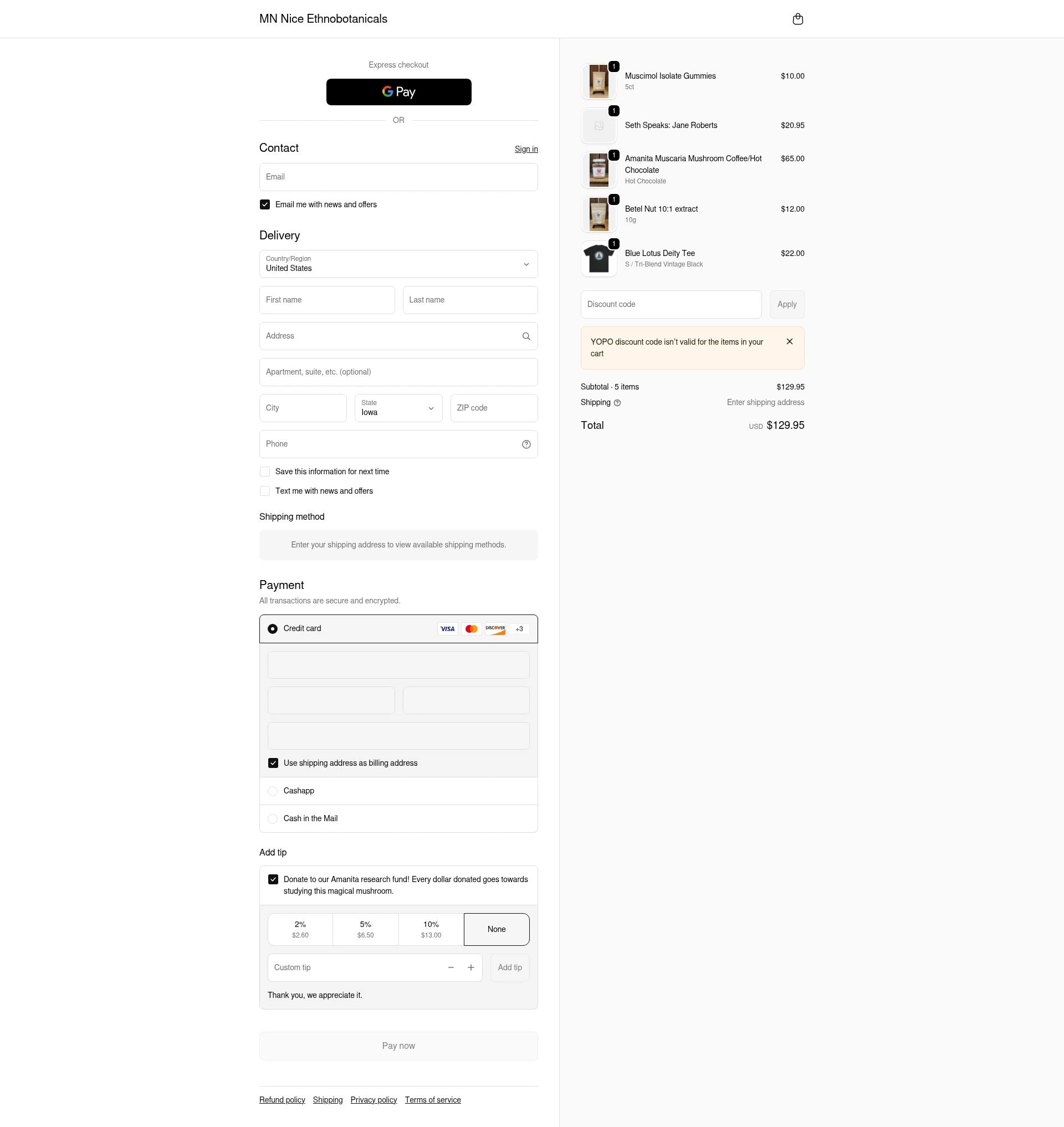 MN Nice Ethnobotanicals checkout page showing MN Nice Ethnobotanicals discount code box | Screenshot taken by SimplyCodes community member on Feb 10, 2026