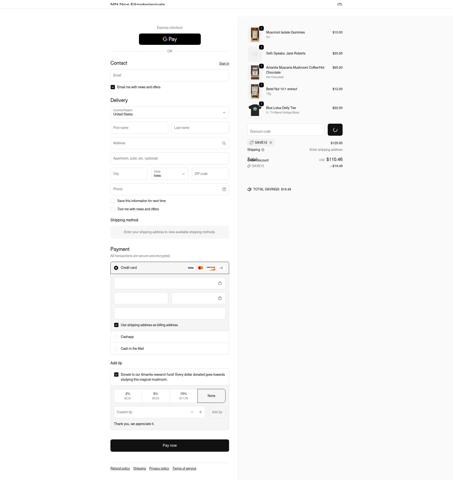 MN Nice Ethnobotanicals checkout page showing MN Nice Ethnobotanicals discount code box | Screenshot taken by SimplyCodes community member on Feb 10, 2026
