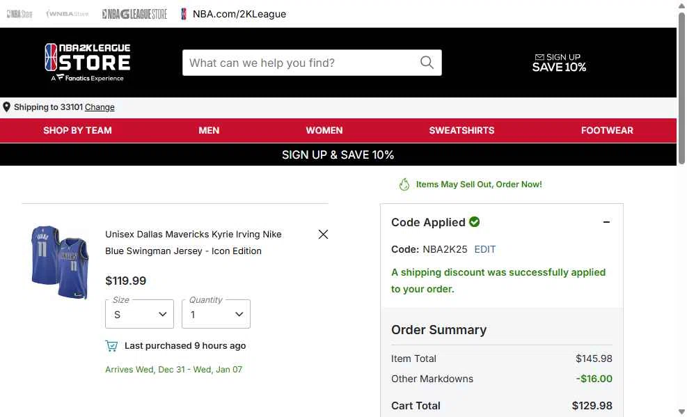 Minnesota Timberwolves checkout page showing Minnesota Timberwolves promo code box | Screenshot taken by SimplyCodes community member on Dec 24, 2025