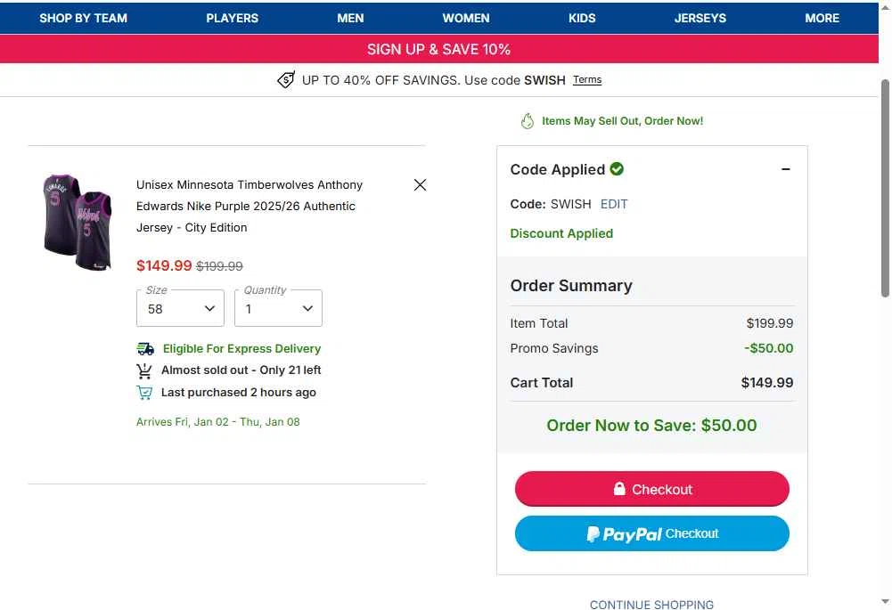 Minnesota Timberwolves checkout page showing Minnesota Timberwolves promo code box | Screenshot taken by SimplyCodes community member on Dec 28, 2025