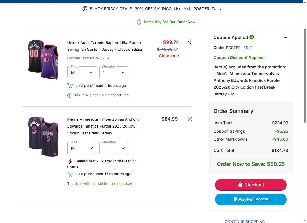 Minnesota Timberwolves checkout page showing Minnesota Timberwolves promo code box | Screenshot taken by SimplyCodes community member on Nov 22, 2025