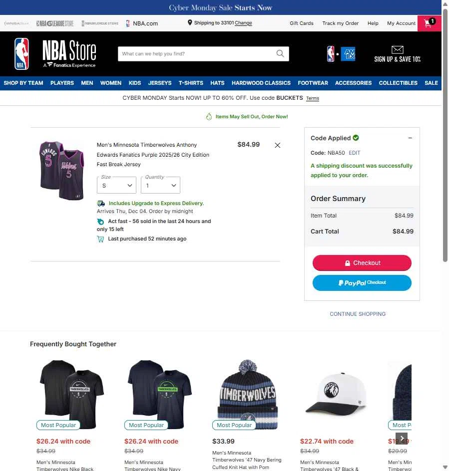 Minnesota Timberwolves checkout page showing Minnesota Timberwolves promo code box | Screenshot taken by SimplyCodes community member on Nov 30, 2025