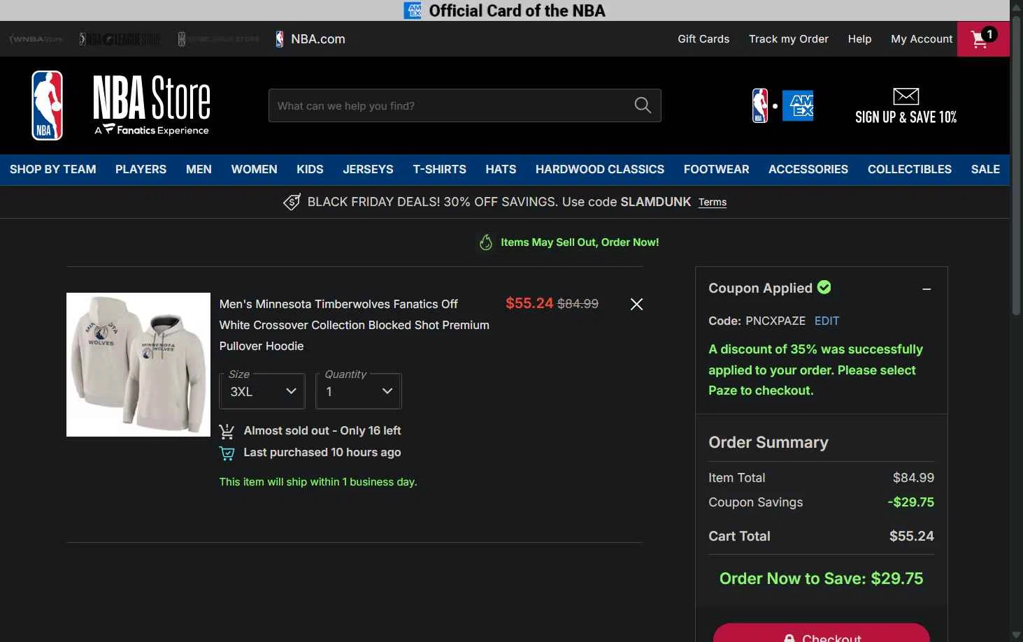 Minnesota Timberwolves checkout page showing Minnesota Timberwolves promo code box | Screenshot taken by SimplyCodes community member on Nov 19, 2025