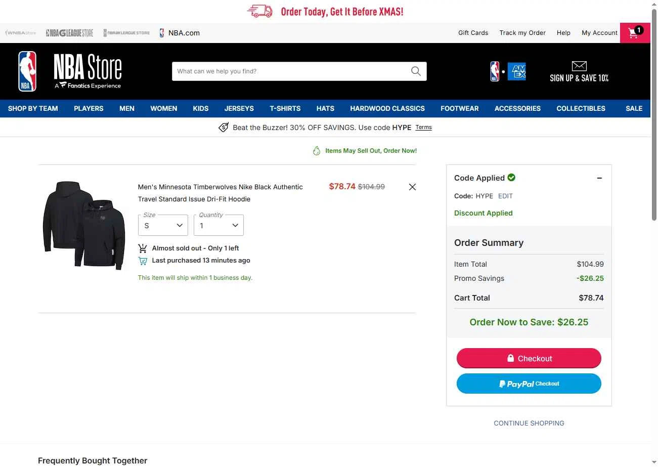 Minnesota Timberwolves checkout page showing Minnesota Timberwolves promo code box | Screenshot taken by SimplyCodes community member on Dec 18, 2025