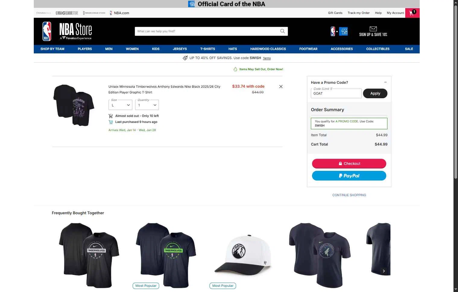 Minnesota Timberwolves checkout page showing Minnesota Timberwolves promo code box | Screenshot taken by SimplyCodes community member on Dec 30, 2025
