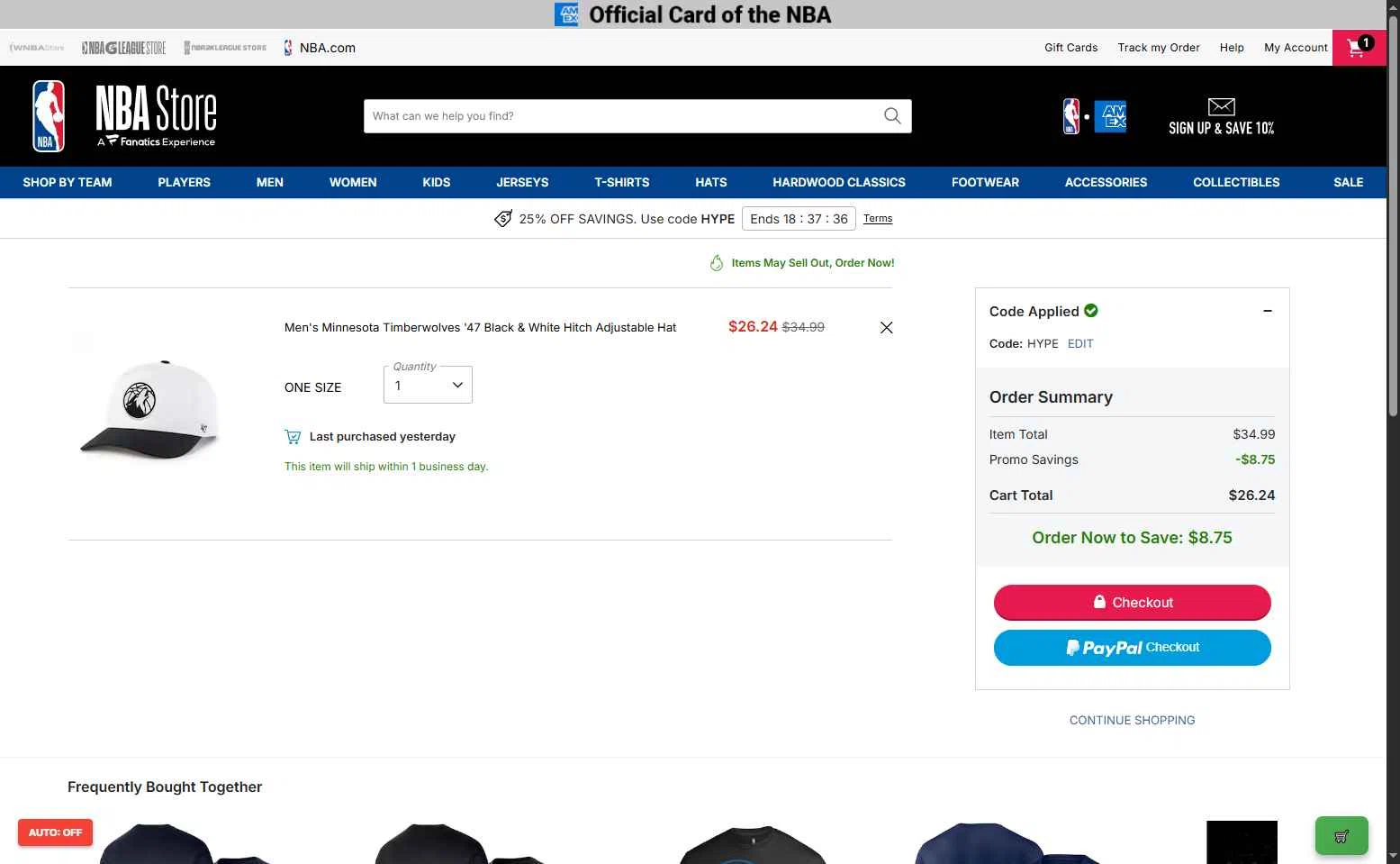 Minnesota Timberwolves checkout page showing Minnesota Timberwolves promo code box | Screenshot taken by SimplyCodes community member on Jan 16, 2026