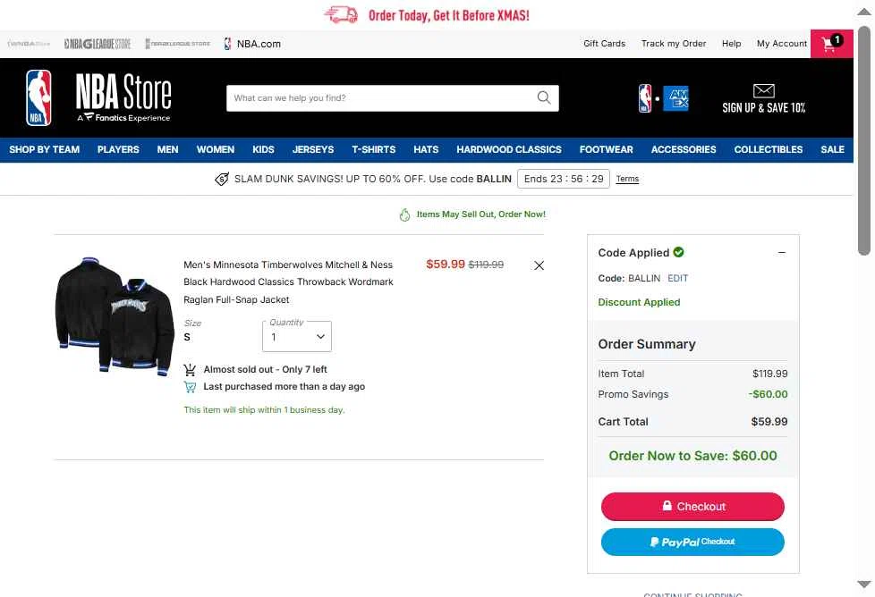 Minnesota Timberwolves checkout page showing Minnesota Timberwolves promo code box | Screenshot taken by SimplyCodes community member on Dec 10, 2025