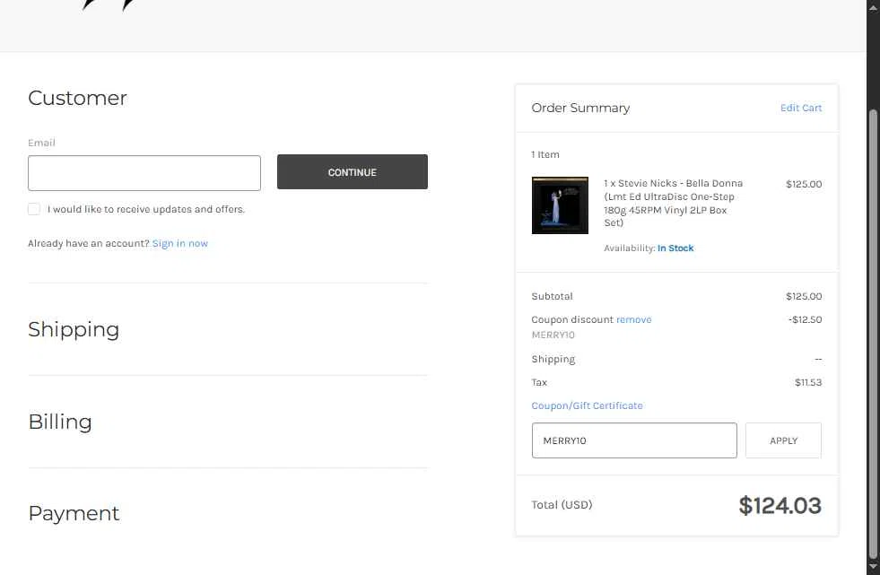 Mobile Fidelity Sound Lab checkout page showing Mobile Fidelity Sound Lab coupon code box | Screenshot taken by SimplyCodes community member on Dec 27, 2025