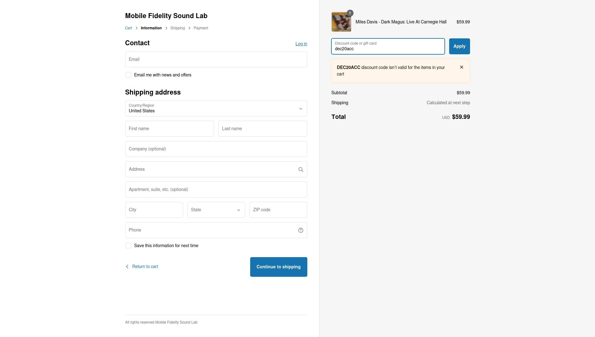 Mobile Fidelity Sound Lab checkout page showing Mobile Fidelity Sound Lab coupon code box | Screenshot taken by SimplyCodes community member on Jan 3, 2025
