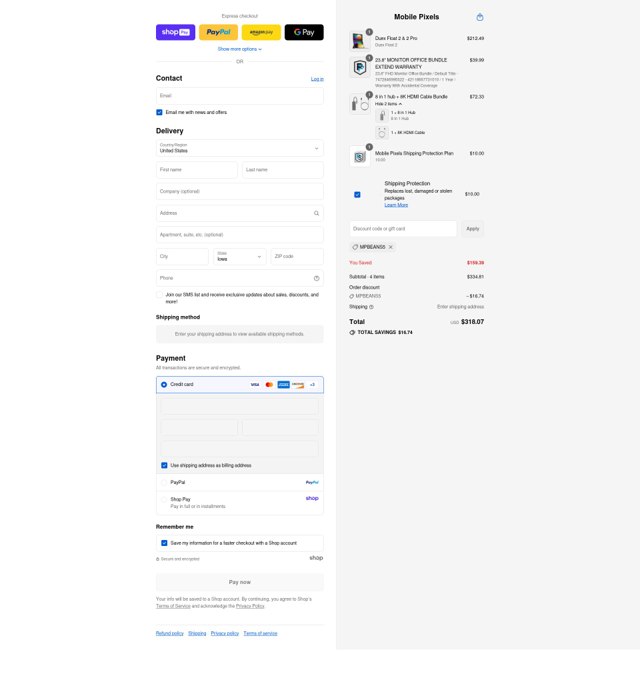 Mobile Pixels checkout page showing Mobile Pixels discount code box | Screenshot taken by SimplyCodes community member on Aug 20, 2025