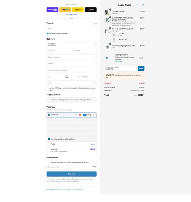 Mobile Pixels checkout page showing Mobile Pixels discount code box | Screenshot taken by SimplyCodes community member on Aug 15, 2025
