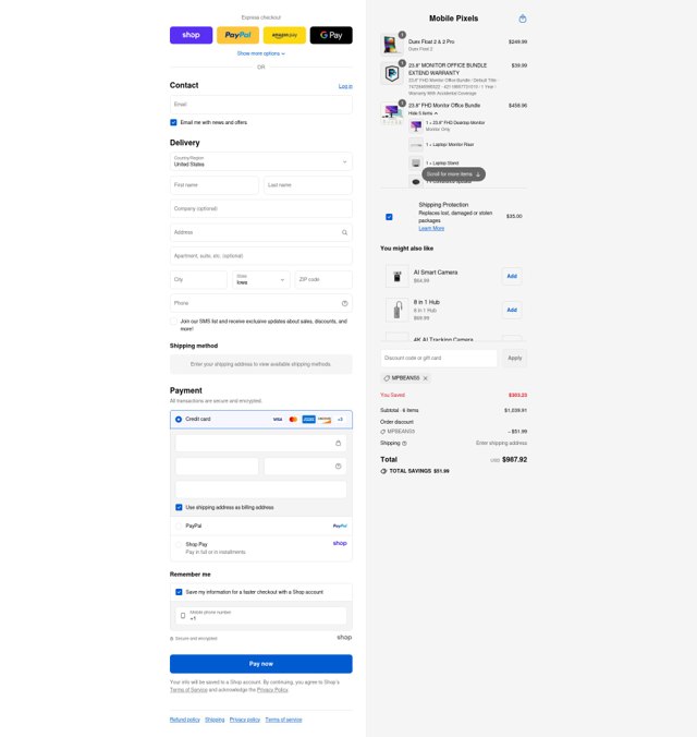 Mobile Pixels checkout page showing Mobile Pixels discount code box | Screenshot taken by SimplyCodes community member on Aug 28, 2025
