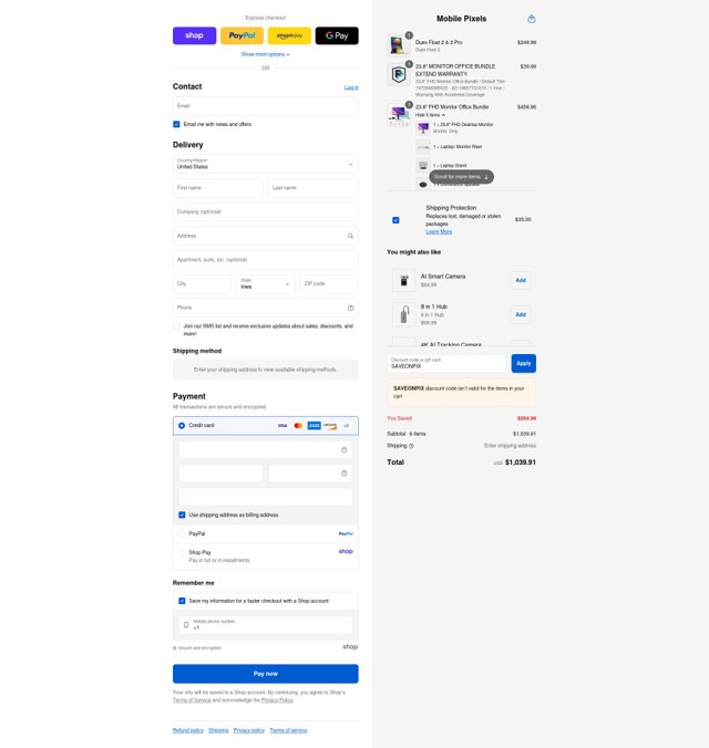 Mobile Pixels checkout page showing Mobile Pixels discount code box | Screenshot taken by SimplyCodes community member on Aug 28, 2025