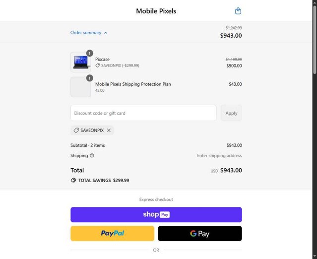 Mobile Pixels checkout page showing Mobile Pixels discount code box | Screenshot taken by SimplyCodes community member on Aug 26, 2025