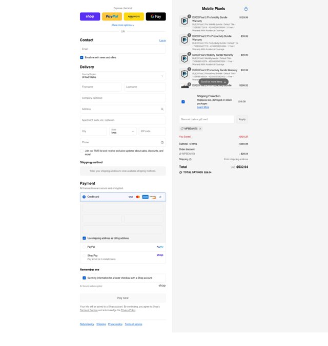 Mobile Pixels checkout page showing Mobile Pixels discount code box | Screenshot taken by SimplyCodes community member on Sep 2, 2025