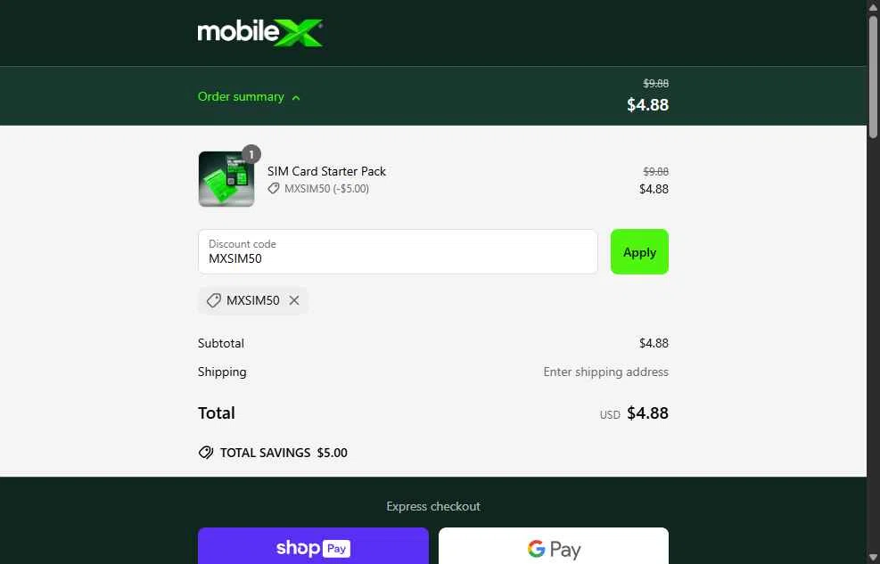 MobileX checkout page showing MobileX promo code box | Screenshot taken by SimplyCodes community member on Jun 10, 2025