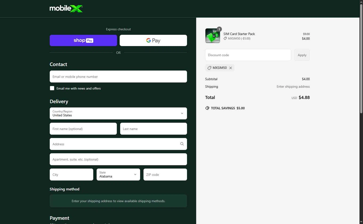 MobileX checkout page showing MobileX promo code box | Screenshot taken by SimplyCodes community member on May 12, 2025