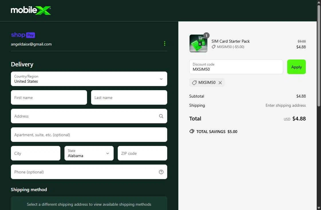 MobileX checkout page showing MobileX promo code box | Screenshot taken by SimplyCodes community member on Jun 10, 2025