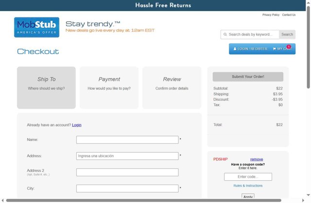 Mobstub checkout page showing Mobstub discount code box | Screenshot taken by SimplyCodes community member on Jul 13, 2025