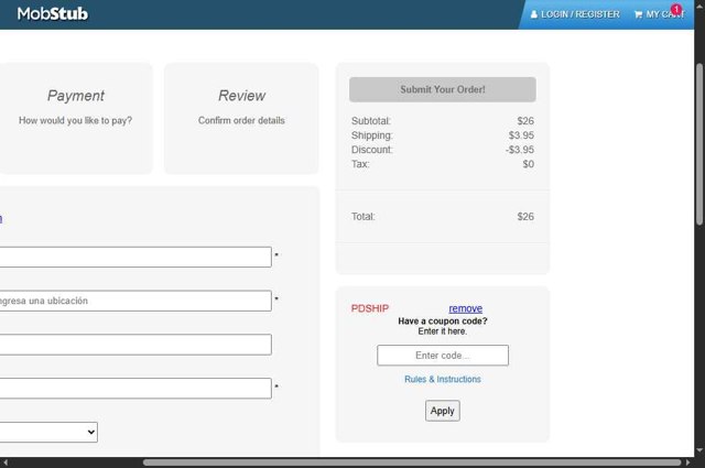 Mobstub checkout page showing Mobstub discount code box | Screenshot taken by SimplyCodes community member on Aug 11, 2025