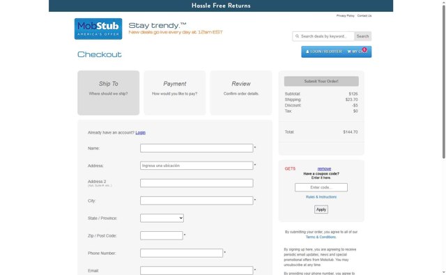 Mobstub checkout page showing Mobstub discount code box | Screenshot taken by SimplyCodes community member on Aug 11, 2025