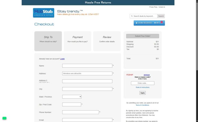 Mobstub checkout page showing Mobstub discount code box | Screenshot taken by SimplyCodes community member on Jul 13, 2025