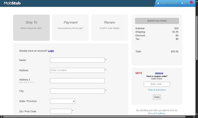 Mobstub checkout page showing Mobstub discount code box | Screenshot taken by SimplyCodes community member on Jul 13, 2025