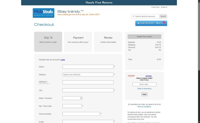 Mobstub checkout page showing Mobstub discount code box | Screenshot taken by SimplyCodes community member on Sep 9, 2025