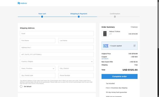 Mobvoi checkout page showing Mobvoi promo code box | Screenshot taken by SimplyCodes community member on Sep 16, 2025