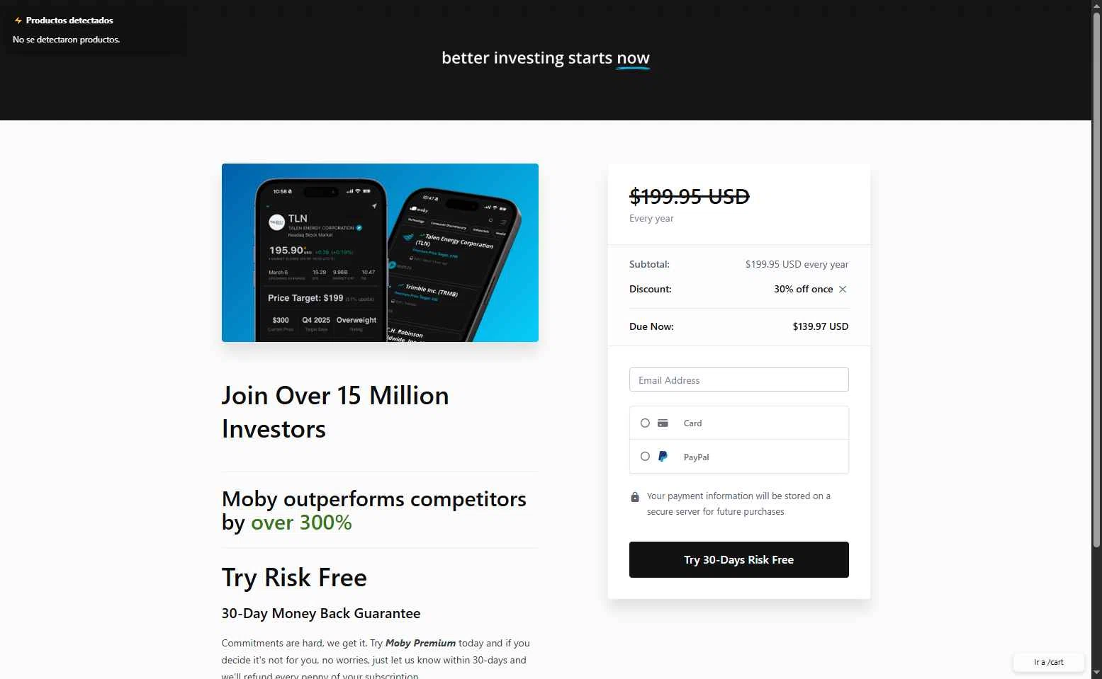 Moby.co checkout page showing Moby.co promo code box | Screenshot taken by SimplyCodes community member on Oct 31, 2025