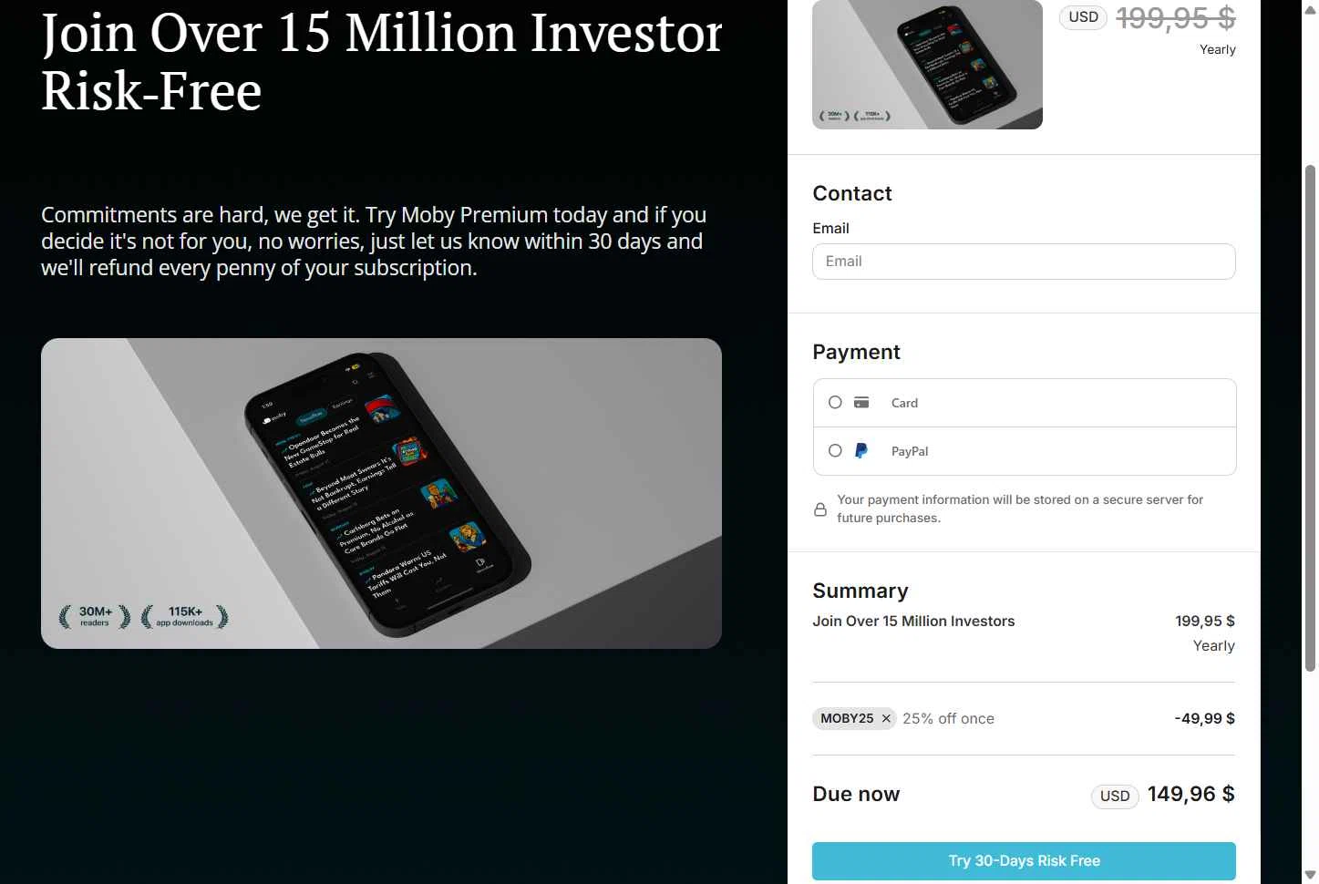 Moby.co checkout page showing Moby.co promo code box | Screenshot taken by SimplyCodes community member on Nov 15, 2025