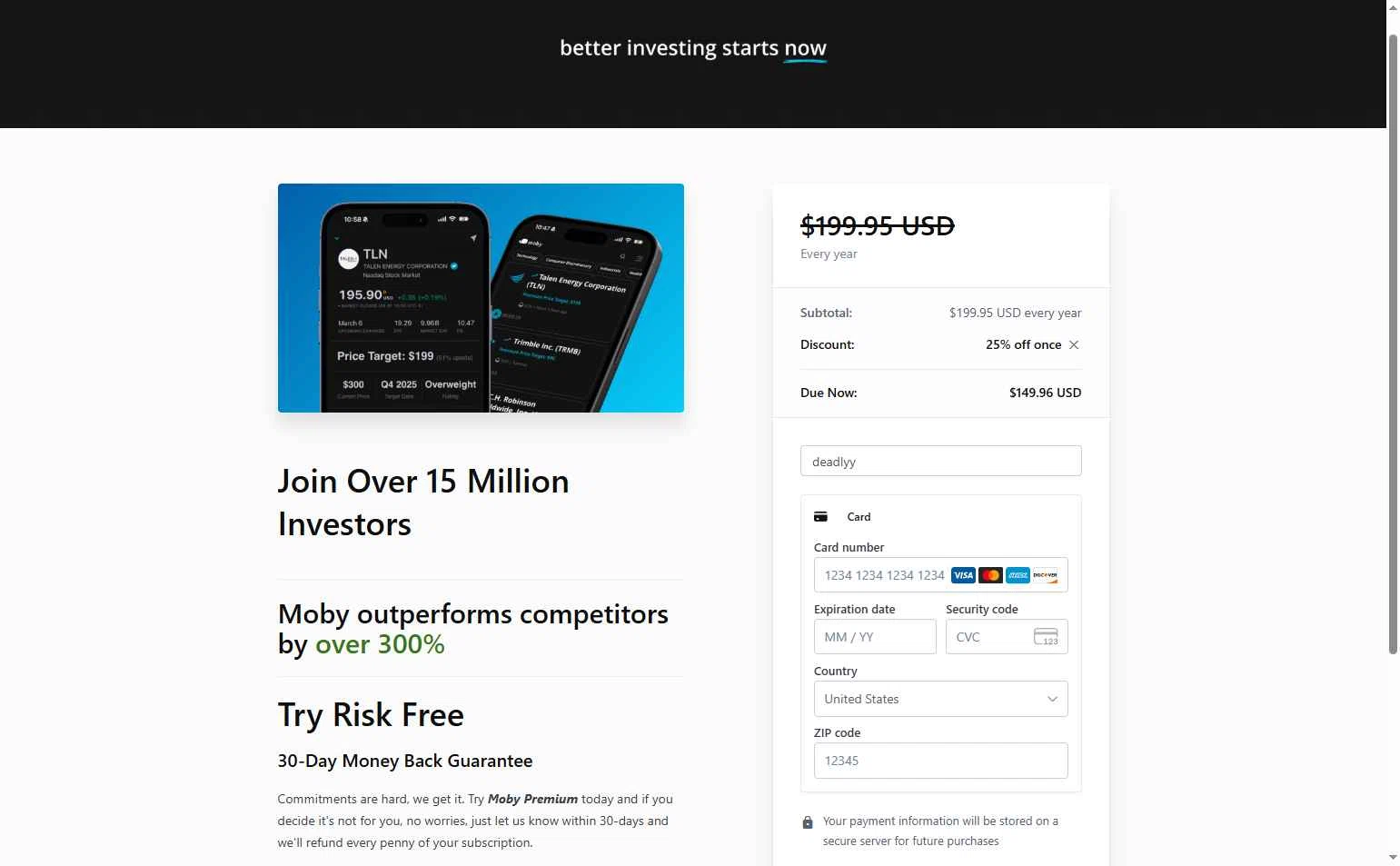Moby.co checkout page showing Moby.co promo code box | Screenshot taken by SimplyCodes community member on Oct 17, 2025