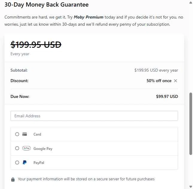 Moby.co checkout page showing Moby.co promo code box | Screenshot taken by SimplyCodes community member on Oct 2, 2025