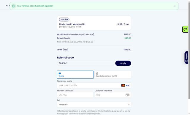 Mochi Health checkout page showing Mochi Health coupon code box | Screenshot taken by SimplyCodes community member on May 30, 2025