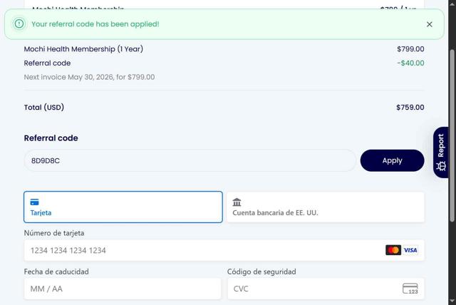 Mochi Health checkout page showing Mochi Health coupon code box | Screenshot taken by SimplyCodes community member on May 30, 2025