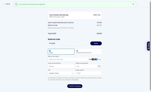 Mochi Health checkout page showing Mochi Health coupon code box | Screenshot taken by SimplyCodes community member on Aug 23, 2025